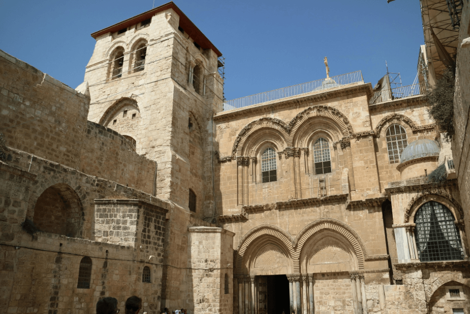 pilgrim leaving Church of Holy Sepulchre
